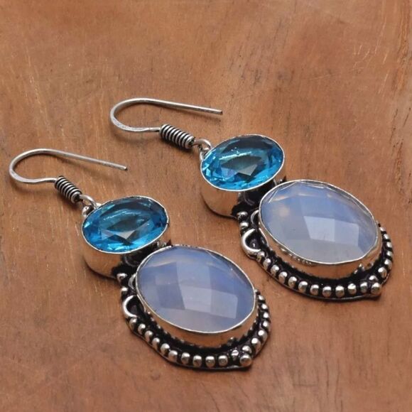 Opalite Blue Topaz Handmade Drop Dangle Earrings Jewelry 2" - Picture 6 of 7